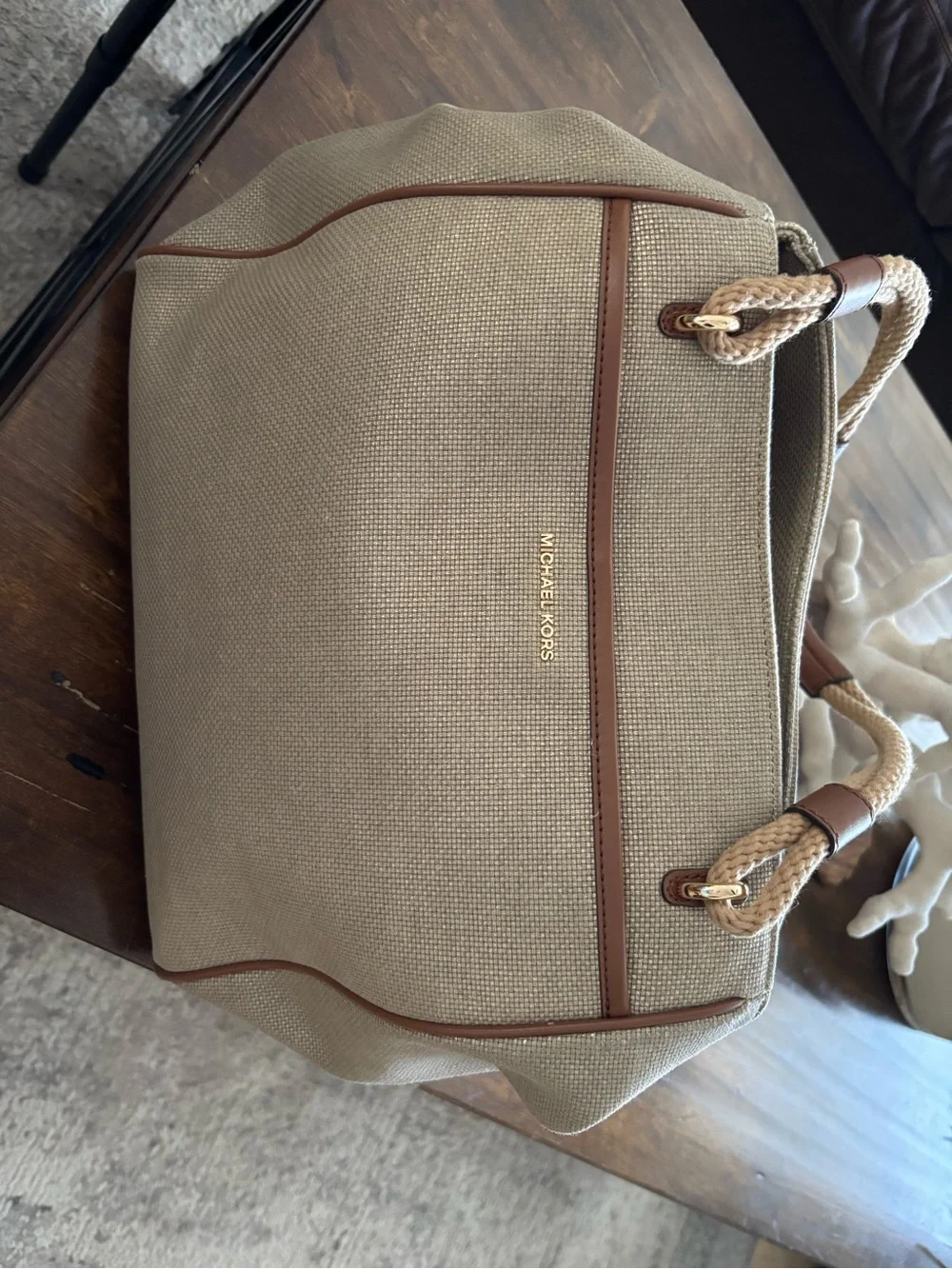 Michael Kors Beige Canvas Shoulder Bag with Brown Trim and Rope Handles